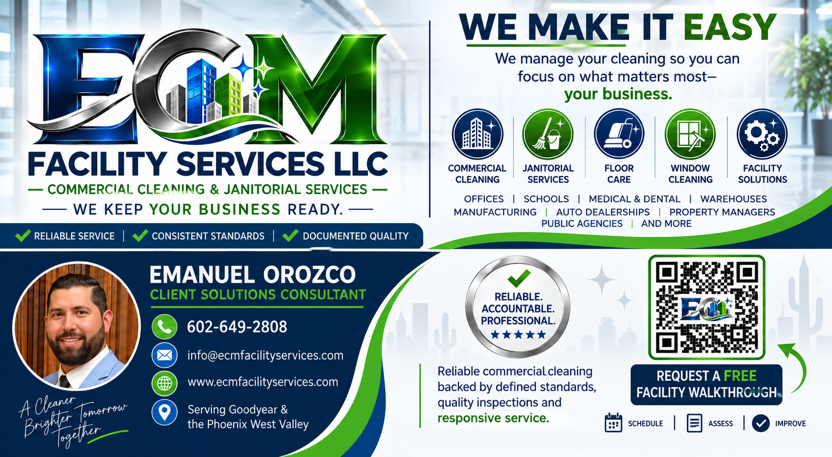 ECM Facility Services overview showing services, contact information and free facility walkthrough call to action